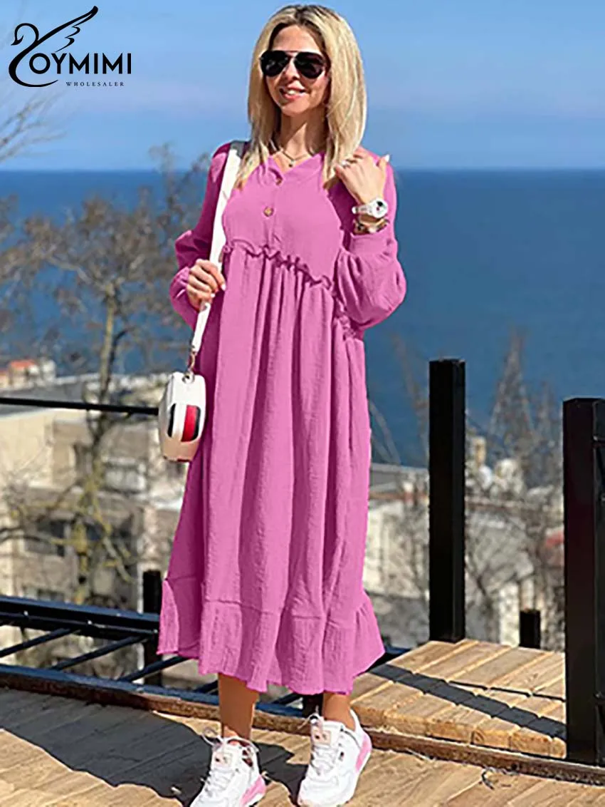 

Oymimi Fashion Purple Cotton Women's Dress Elegant V-Neck Long Sleeve Button Dresses Casual High Waist Pleated Mid-Calf Dresses