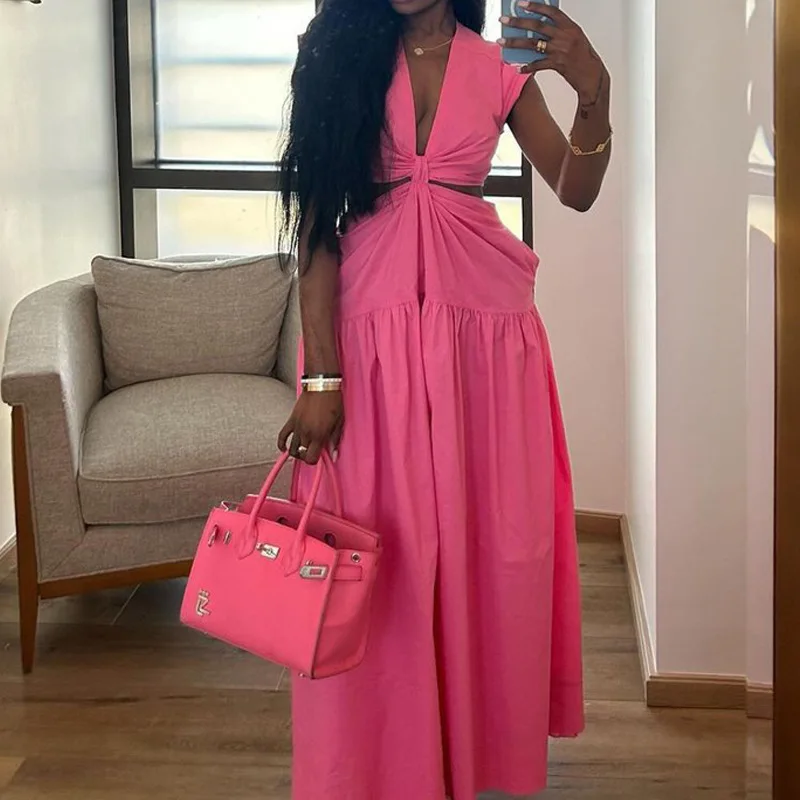 Pink Dresses Women Dress A Line Crop Cut V Neck Sleeveless Ankle Length Empire Waist Slight Strech Loose Elegant 2025 Summer