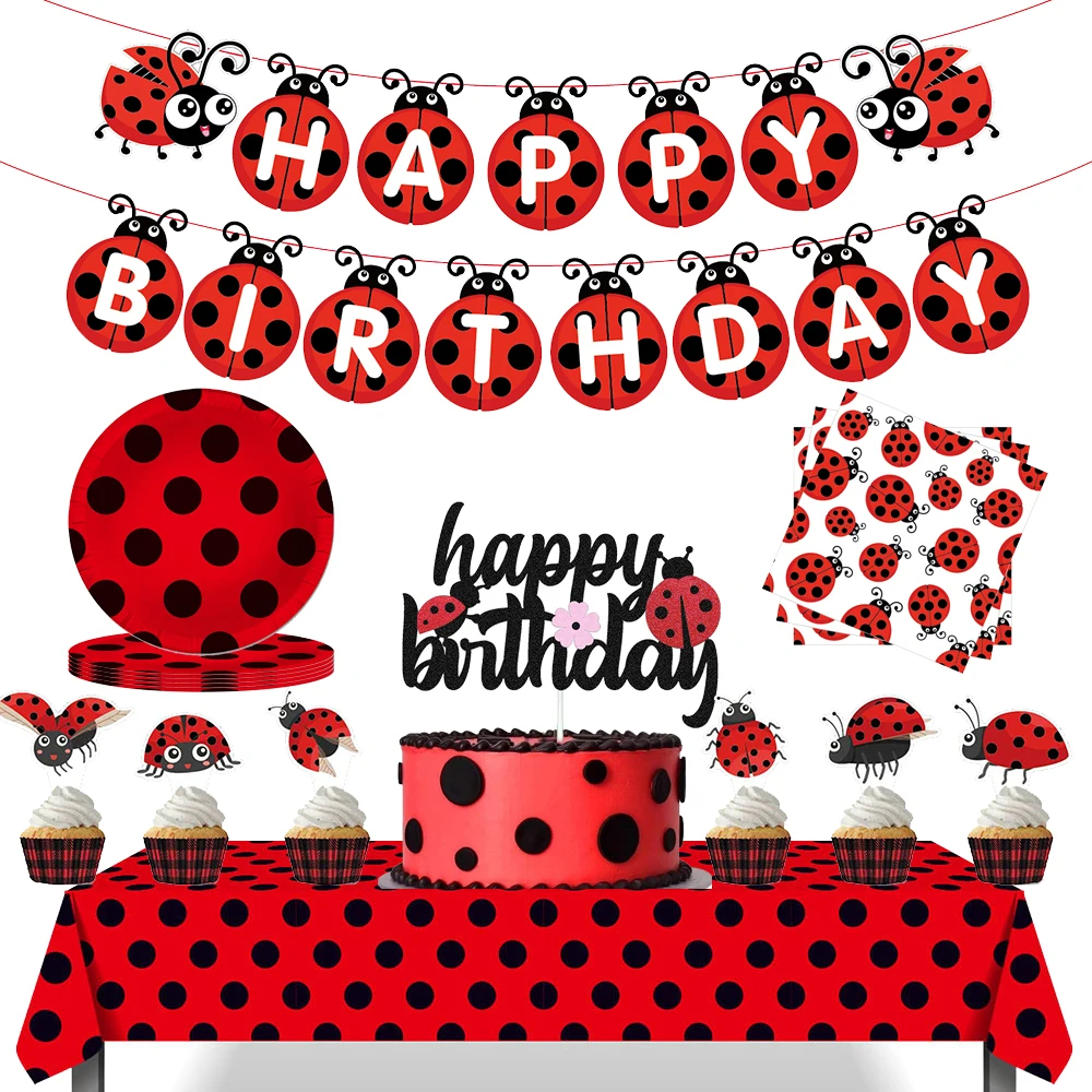 Ladybug Party Supplies Ladybug Decoration Disposable Tableware Plates Cups Napkins Tablecloth Ladybug Cake Topper