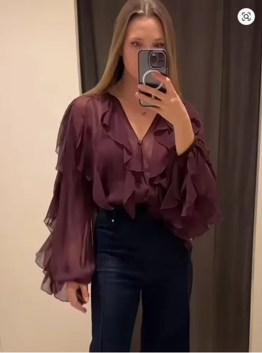 

Сексуальные женские полупрозрачные блузки с оборками, новая мода, однобортные многоуровневые повседневные топы с v-образным вырезом, однотонная рубашка в пляжном стиле