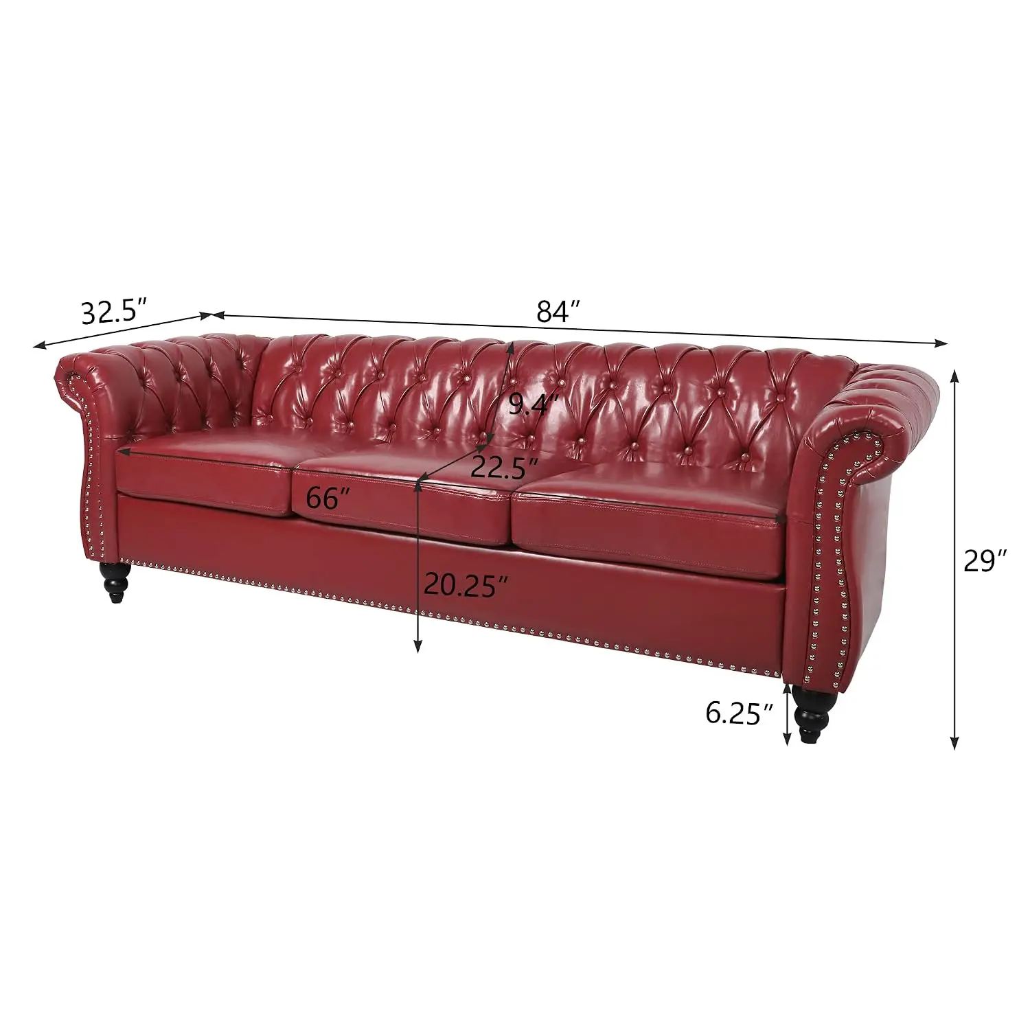 3 Seater Faux Leather Chesterfield Sofa Modern Tufted with Scroll Arms & Nailhead for Living Room, Customized