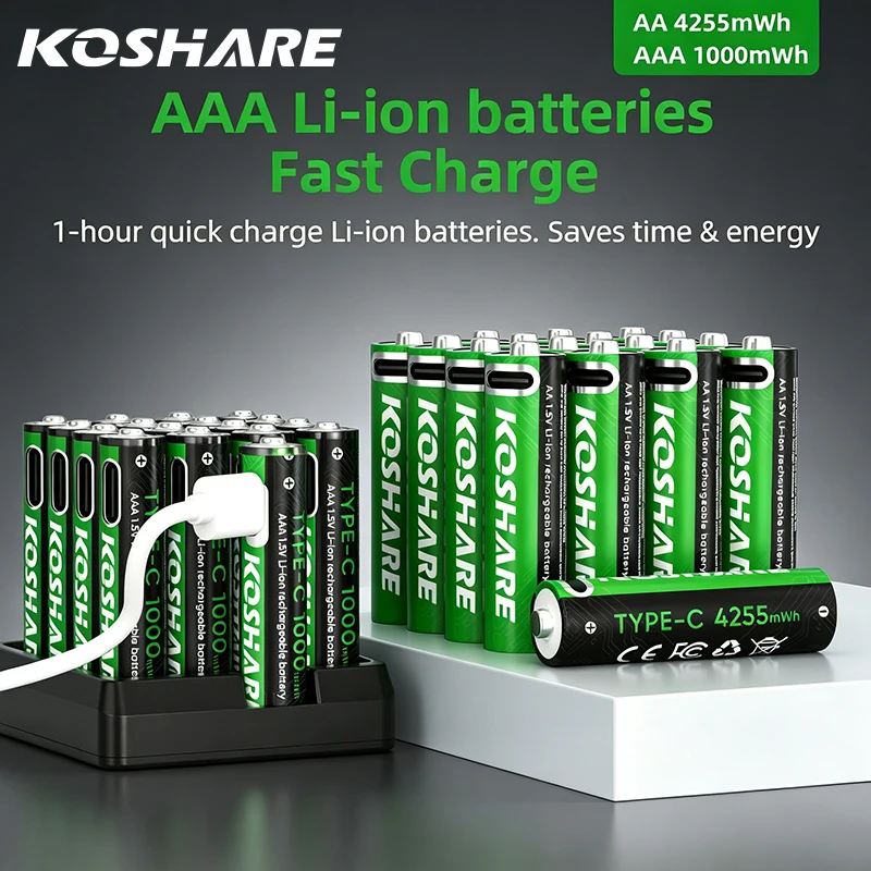 KOSHARE NEW Rechargeable Batteries AA AAA 4255mWh 1000mWh Lithium Battery With Type-C Port Fast Charging For Wireless Mice Toys