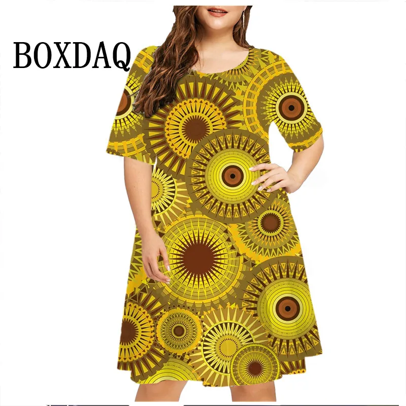 2023 Summer Pullover Short Sleeve Dress Women Retro O-Neck Loose Plus Size Dresses Casual Fashion Ladies Geometry Print Clothes