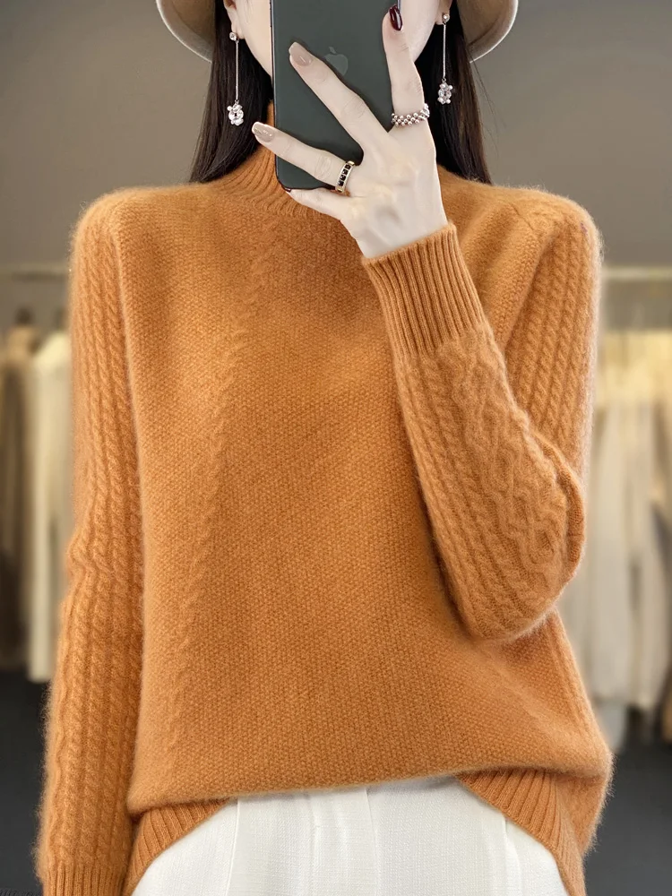 Autumn Winter Thick Women Sweater 100% Merino Wool Turtleneck Pullover Long Sleeve Twisted Cashmere Knitted Female  Clothing