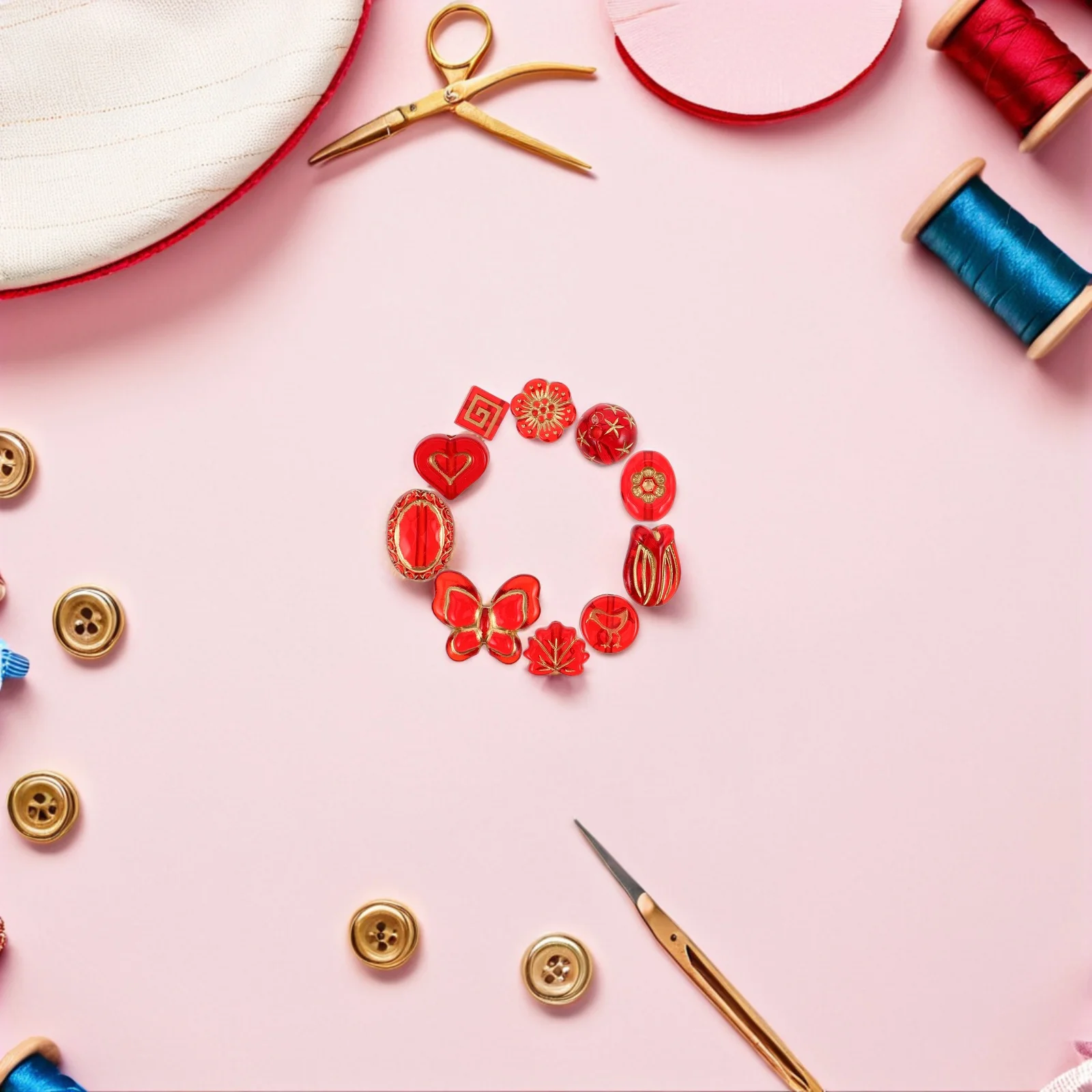 1Set DIY Jewelry Craft Supplies Transparent Red Beads Golden Plated Vintage Floral Leaf Butterfly Teardrop Beads for Necklace