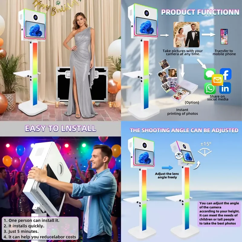 Portable Selfie Photo Booth with Printer Stand 15.6 Inch Touch Screen Digital SLR Camera for Graduation Parties