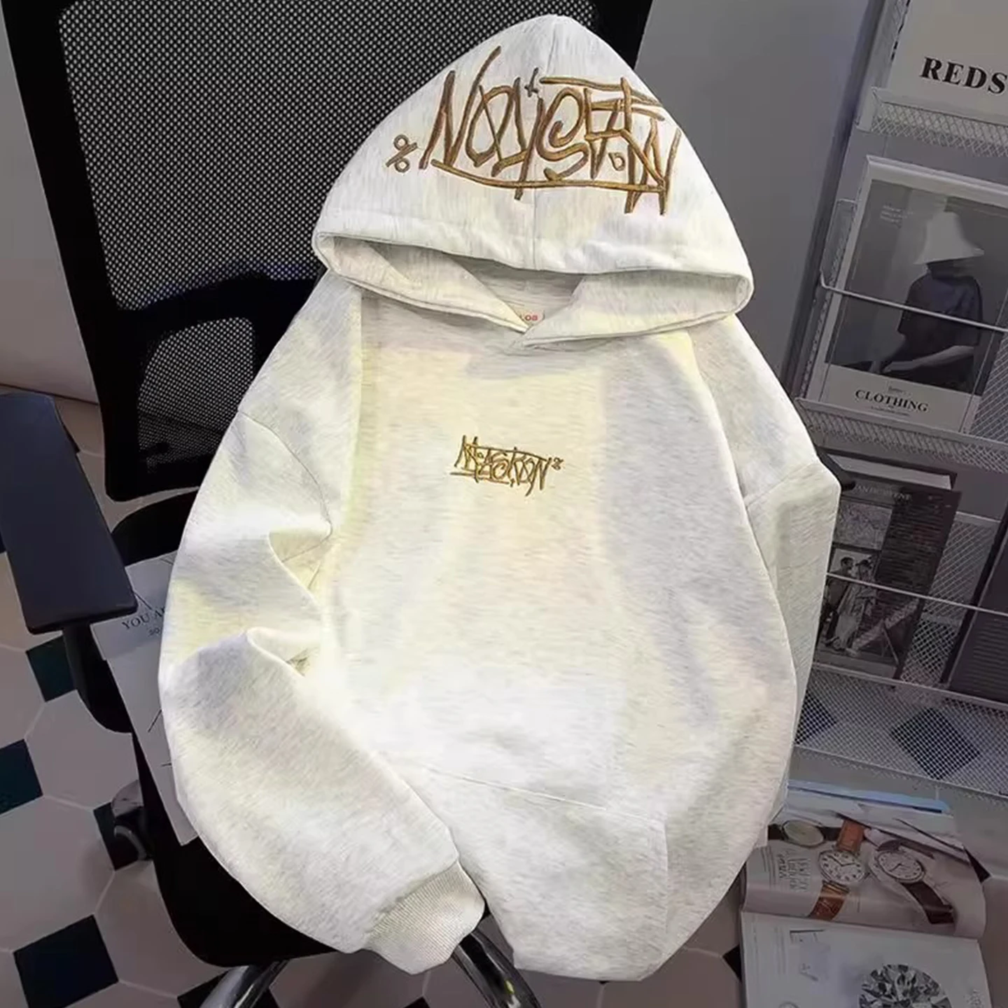 

Мужская толстовка с тяжелой вышивкой в американском стиле, на флисовой подкладке, свободного кроя, для пар, весенне-осенняя, повседневная