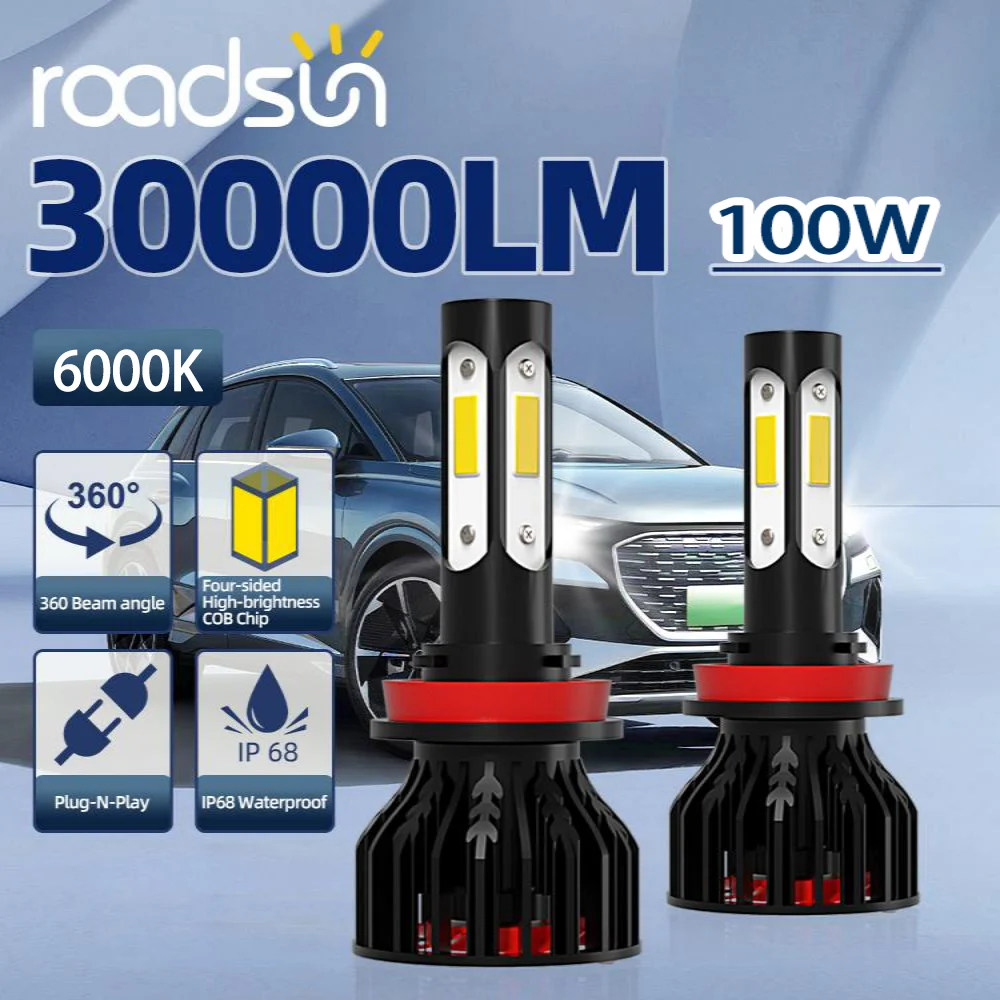 TEENRAM 30000LM 2PCS H7 H11 9005 9006 H4 H13 9007 9004 Led Headlights 100W With Cooling Fan 800% Brightness Easy Installation