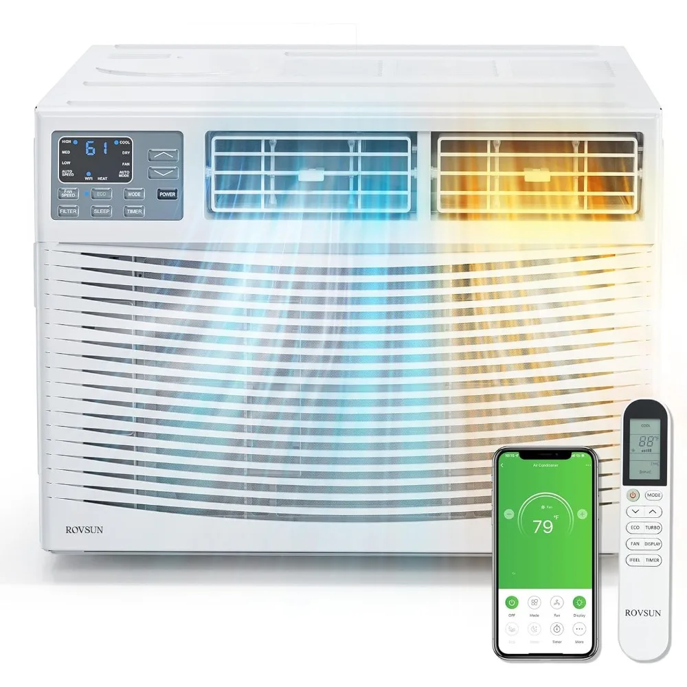 Aire acondicionado de ventana 8000 BTU con calor, Unidad de CA de ventana con aplicación y Control inteligente de voz, función de temporizador y Kit de instalación fácil