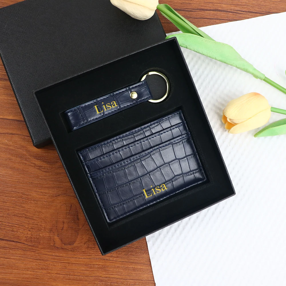 Customized name 1 set, crocodile-patterned PU leather fashionable short wallet, Christmas birthday gift box, car keychain cover