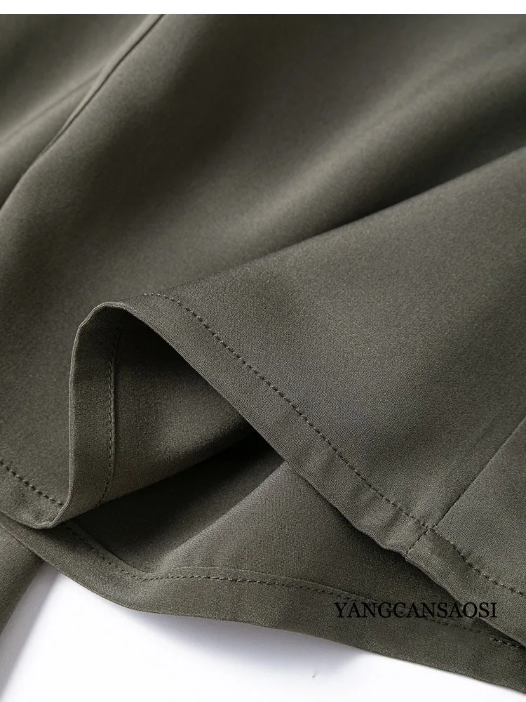 2025 Women's Fashion Clothing 26MM Heavy Weight 93% Natural Mulberry Silk Elastic Crepe Khaki Green Casual Cropped Pants