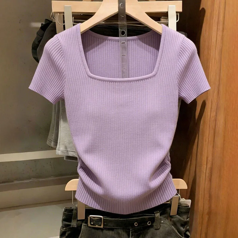 Gestrickter Pullover für Damen, Neuer Sommer-Kurzarm-Pullover mit Quadratischem Kragen, Strickpullover für Frauen, Oberteil Q3789