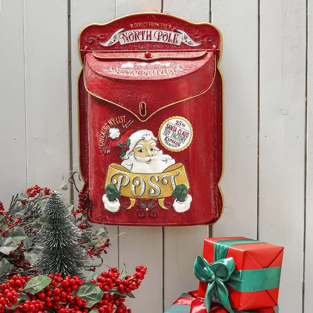 Outdoor Santa Mailbox Post Farmhouse Post Decoration Crafts New Year Gift Christmas Mailboxes Letter Box Metal Wall Mounted Post