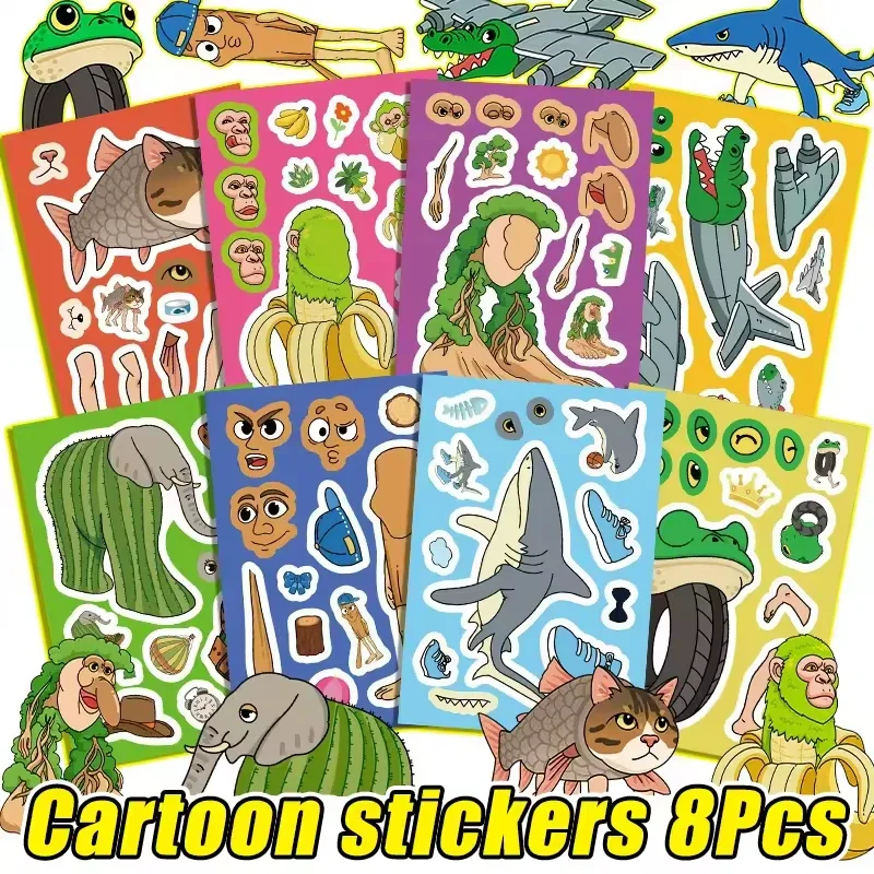 8 أوراق مجردة الحيوان جعل وجه لغز ملصقات Tung Tung Sahur الإيطالية Brainrot AI الحيوانات ملصق مائي تجميع بانوراما الاطفال اللعب