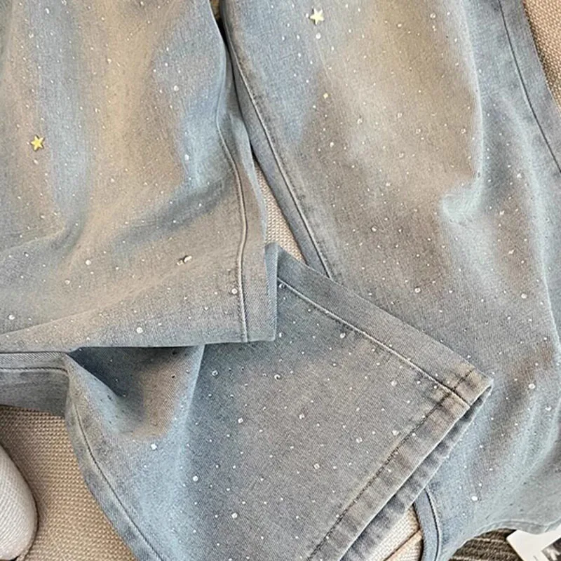 Women Denim Pants Star Diamond Decoration High Waisted Straight Loose Solid Color Simple Daily Casual Versatile Wide Leg Pants