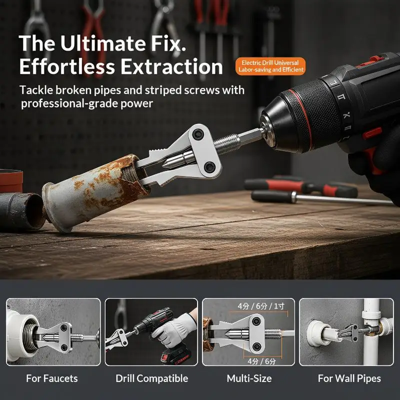 Pipe Extractor Tool Broken Thread Puller Hex Shank Power Drill Accessory for PPR PVC Pipe Plumbing Repair