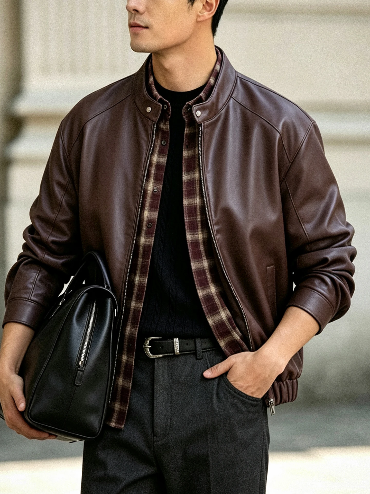 Casual Loose Men's Brown Stand Collar Leather Jacket Autumn Spring Plaid  Fake Two-Piece Outerwear PU Leather Coat