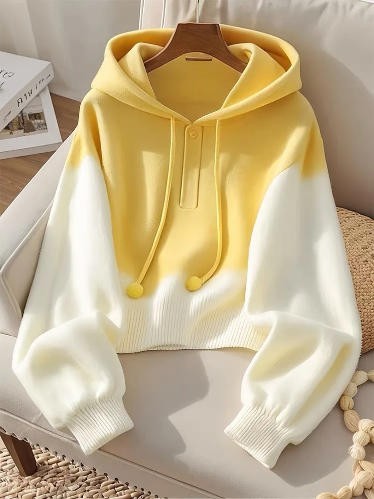 

Yellow Hooded Sweater Women's Loose Soft Autumn Winter Knitted Top Korean Sle Straight Cut Long Commute