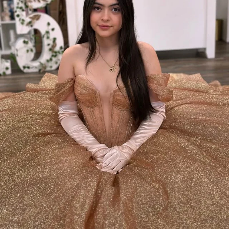 

Shiny Champagne Gold Quinceanera Dress off-shoulder Glitter Decal layering Long tail Bow Vestidos De 15 Quinceanera ﻿Customize