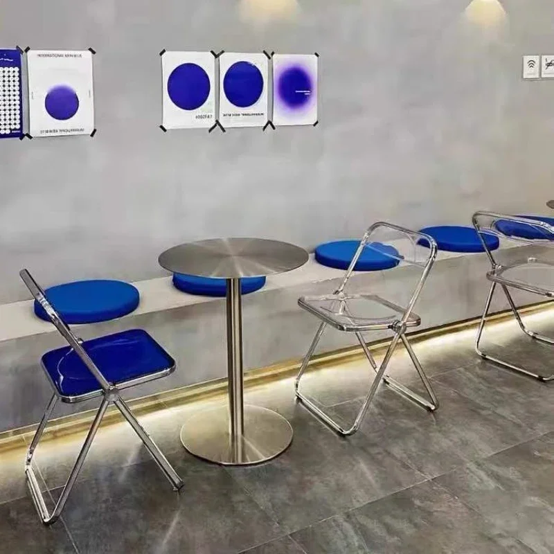 

Transparent folding chair industrial style milk tea dessert shop rectangular stainless steel round table and chair combination