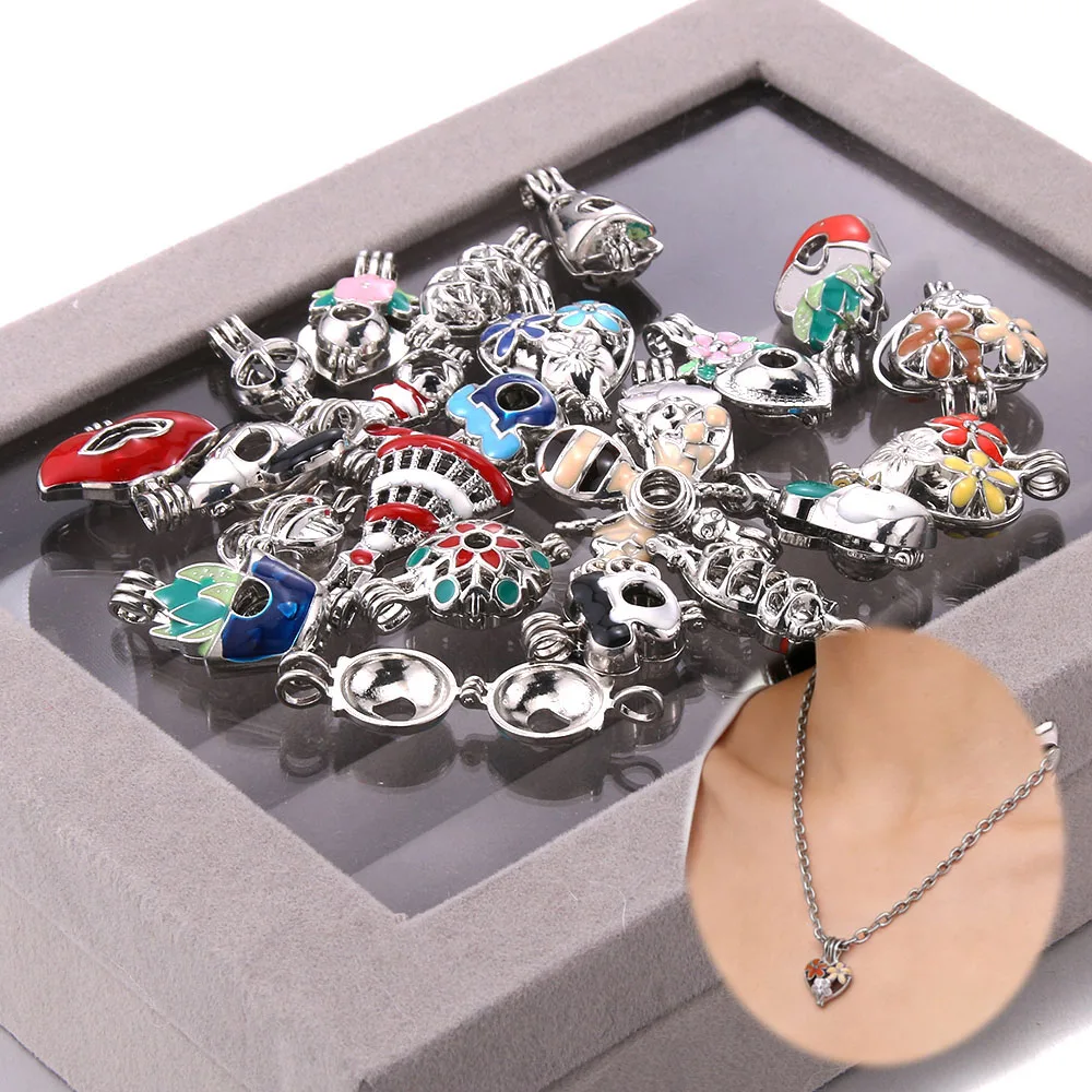 10PCS/Lot Color Jewelry Mixed Pearl Cage Locket Necklaces Aroma Diffuser Charm Necklace Pendant Perfume Aromatherapy Locket