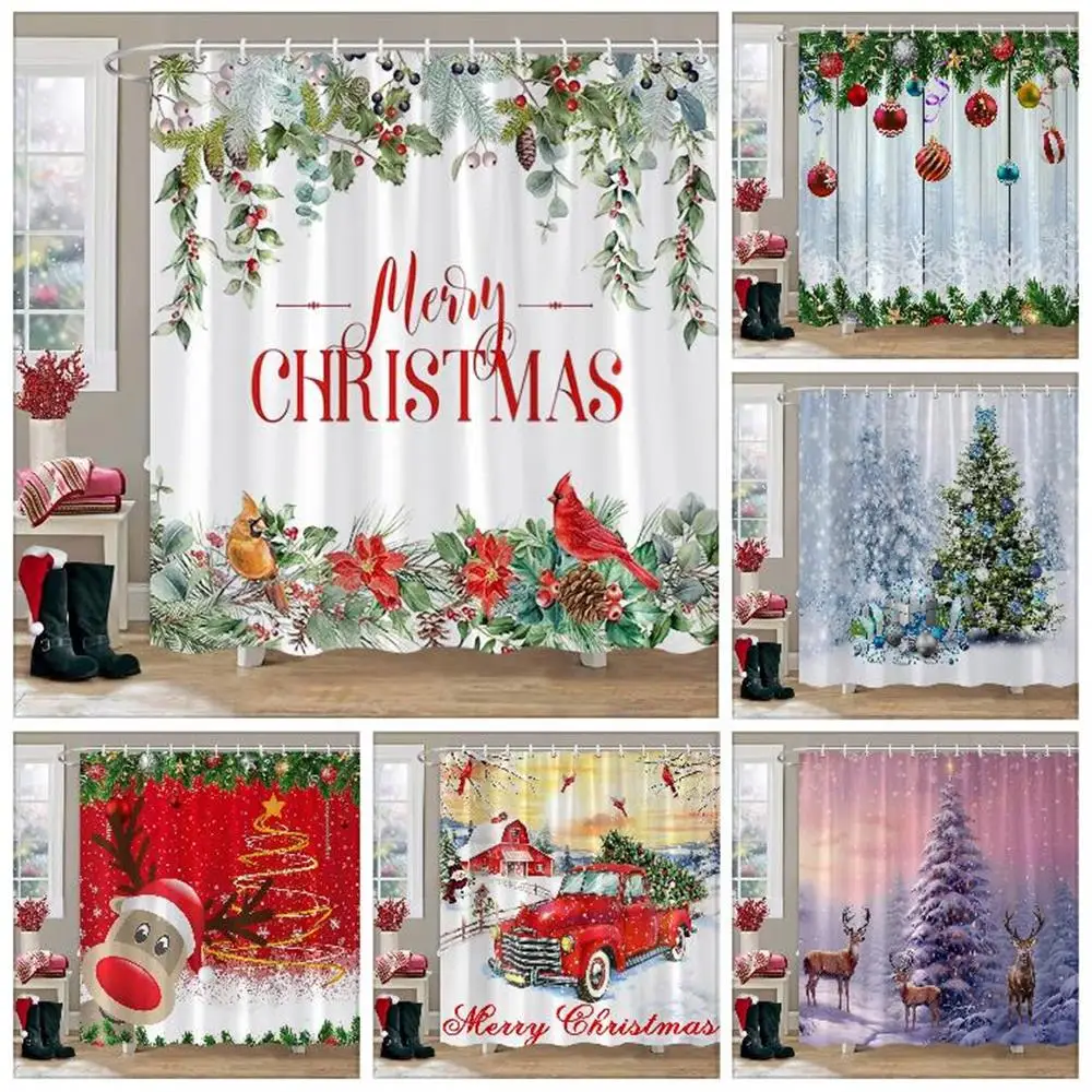 

Merry Christmas Shower Curtain Winter Red Truck Snowman Reindeer Snow Farmhouse Shower Curtain Washable Polyester Bathroom Decor