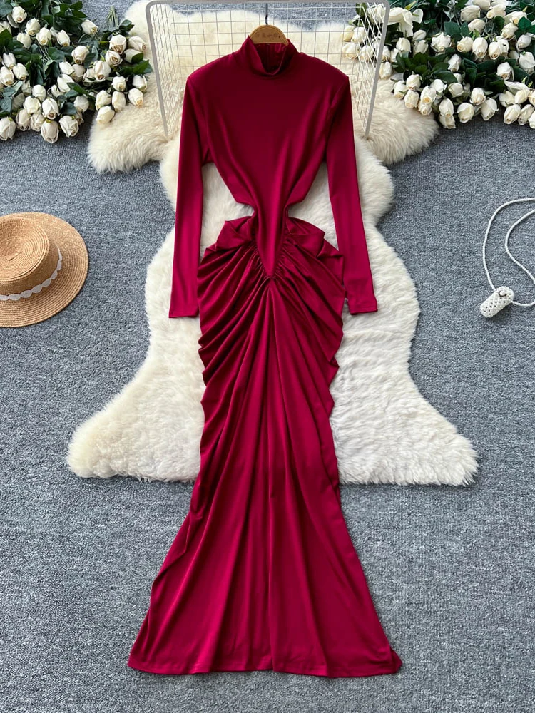 フォームリナ エレガント レディース ハイネック 長袖 ボディコン マキシドレス セクシー ソリッド カットアウト ウエスト ラッフル スリム フォーマル イブニング パーティー ガウン