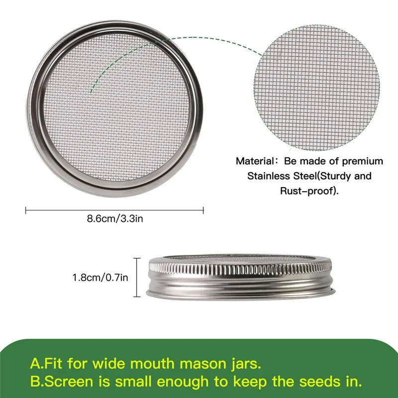 Seed Sprouting Lids- Stainless Steel Sprout Lids with Screen for Wide Mouth Jars