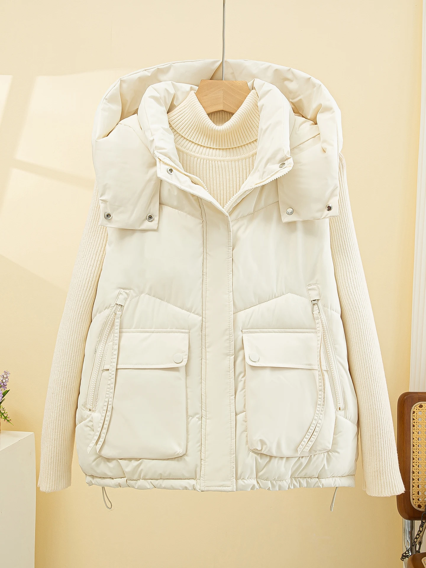 

Женский пуховый хлопковый жилет на осень-зиму Thiened с капюшоном Jaet (3) Sle для поездок на работу на молнии из полиэфирного волокна