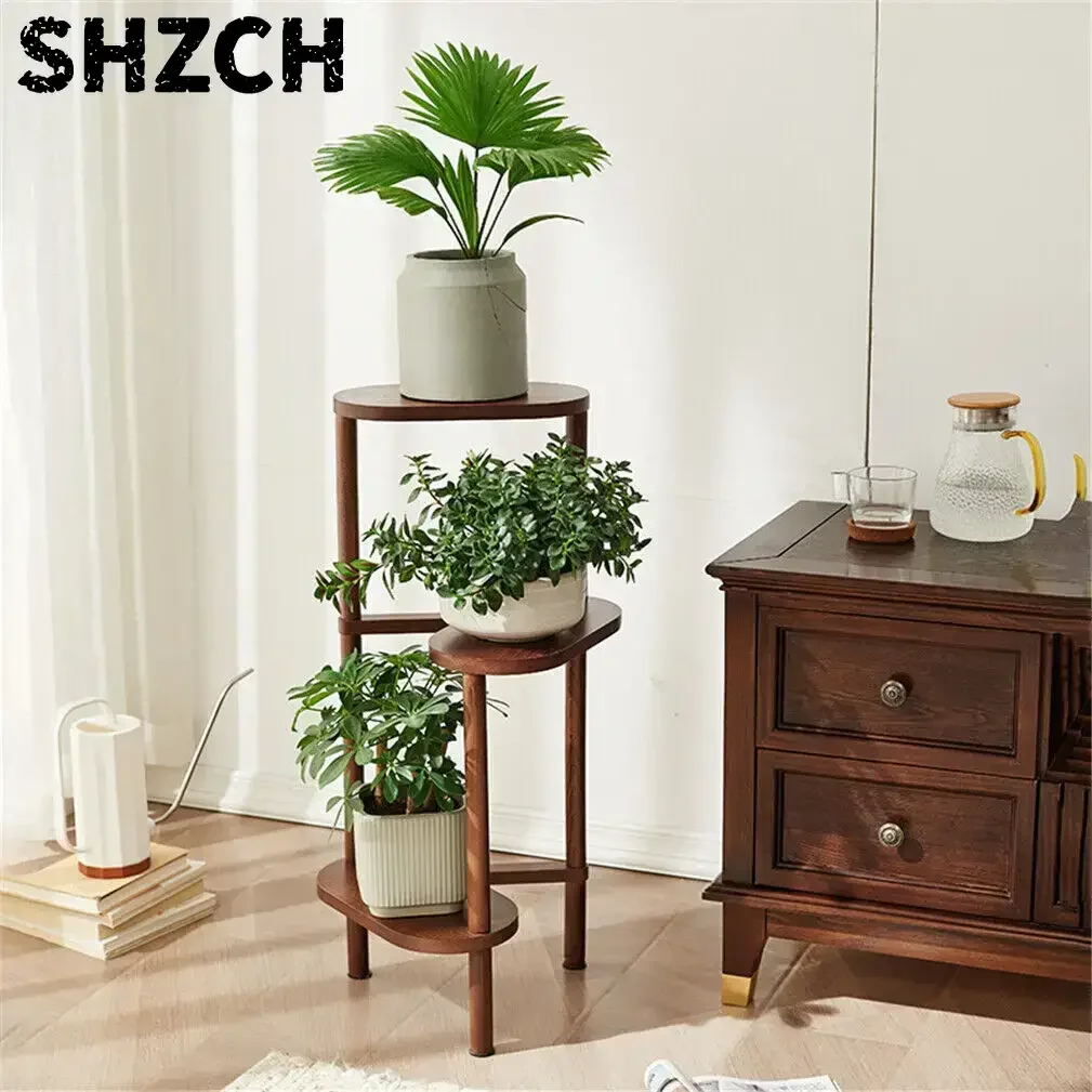3段竹製背の高いコーナー植物ラックプランタースタンドフラワーポットホルダー収納ラック（バルコニーガーデンパティオ用）