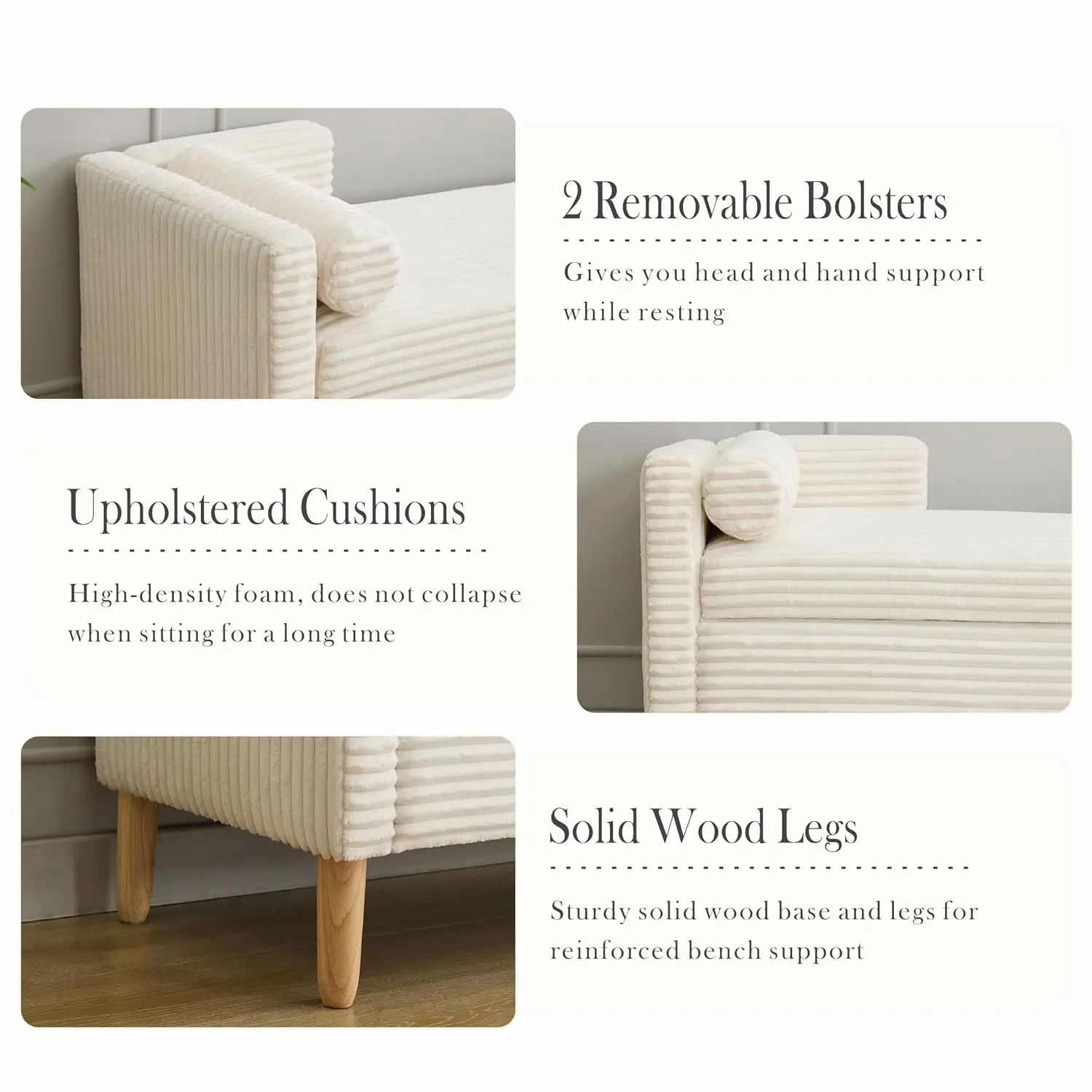 Upholstered Storage Ottoman Bench with Bolster & Armrest, Window Seat for Living Room Bedroom, Corduroy, Ivory, Customized