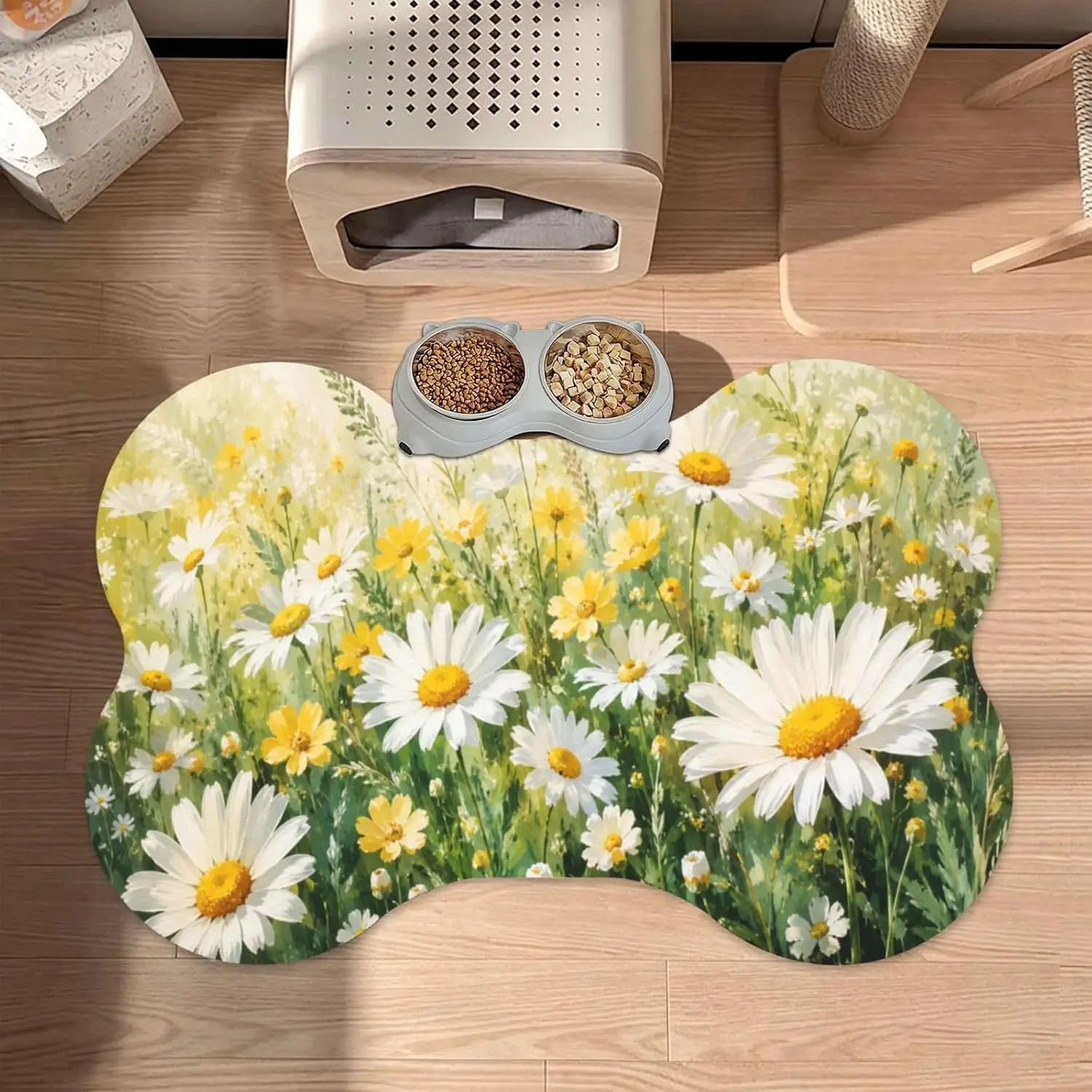 Daisy Field Floral White Bone Shaped Pet Feeding Mat 16