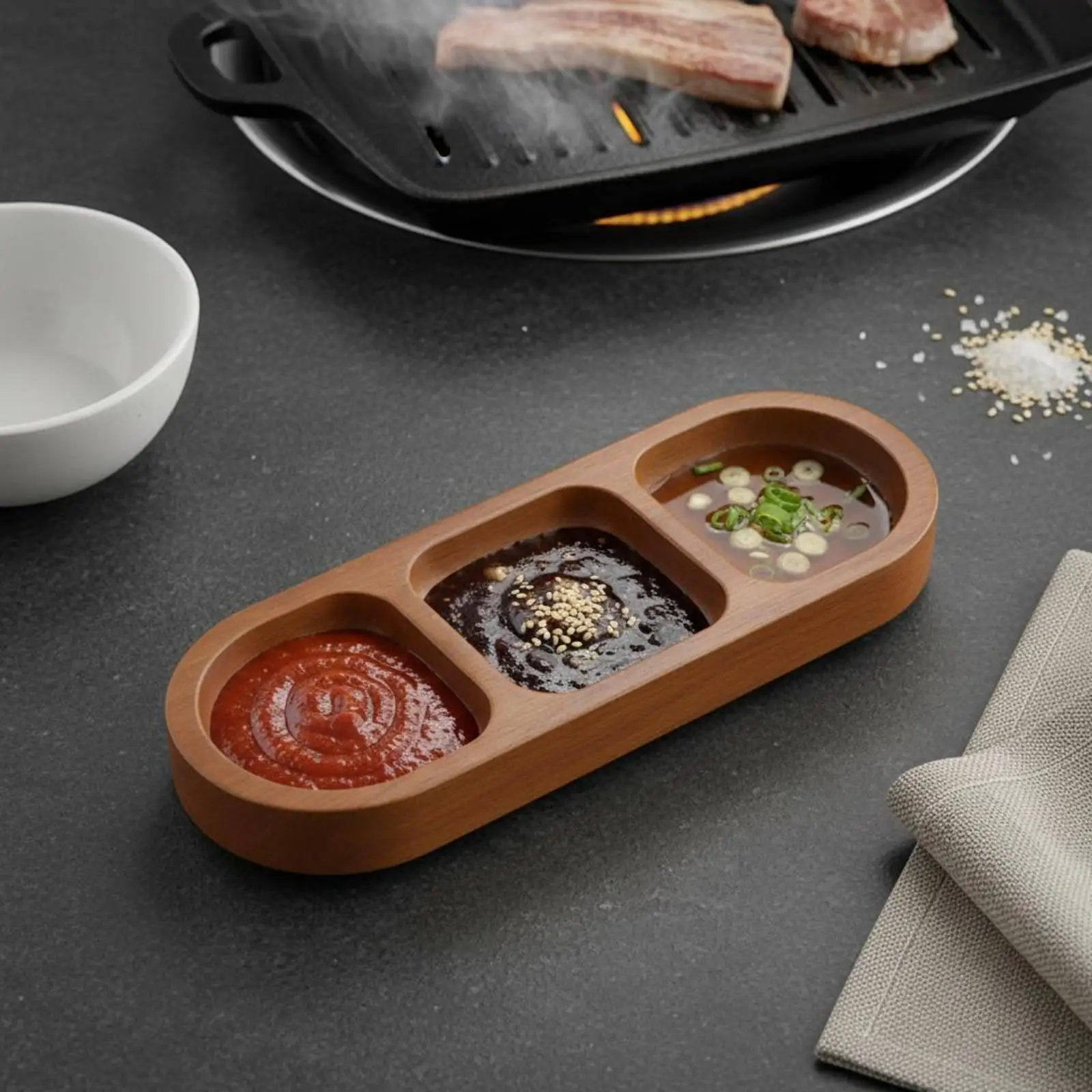 Creative Acacia Wood Sauce Plate with Sections Rectangle Plate for Korean Dishes and Side Condiments