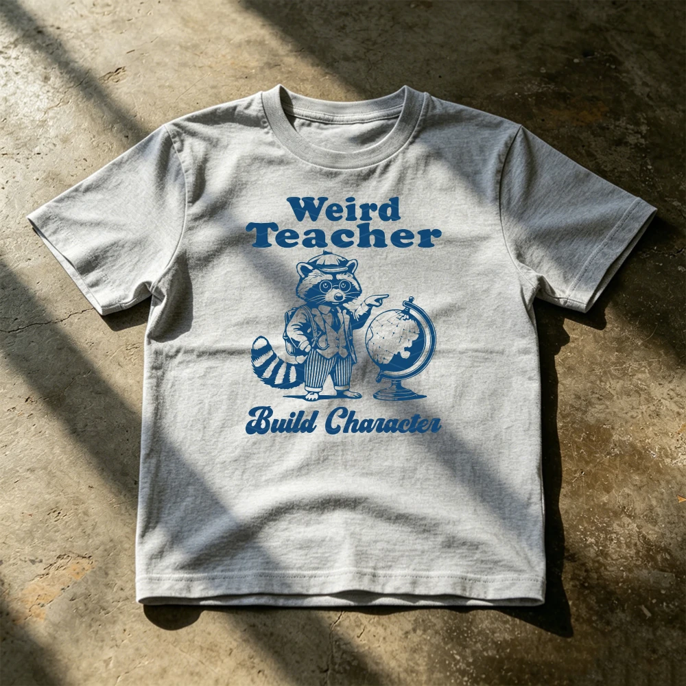 Weird Teacher Raccoon Pointing At Globe Graphic T Shirt Women Geography Humor Top Graphic Print Casual Grey Tee