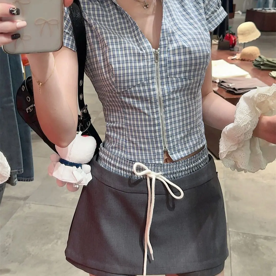 

Fashion Suit Plaid Lapel Short-sleeved Shirt Women's Summer High-waisted Drawstring Skirt Two-piece Set