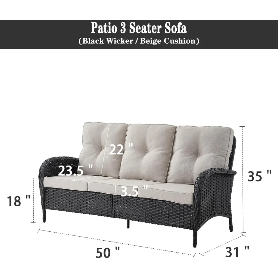 أثاث الفناء الخارجي من Belord أريكة من الخيزران مكونة من 3 مقاعد مع وسائد قابلة للإزالة ومقعد عميق ومسند ظهر مرتفع مقاوم لجميع الأحوال الجوية