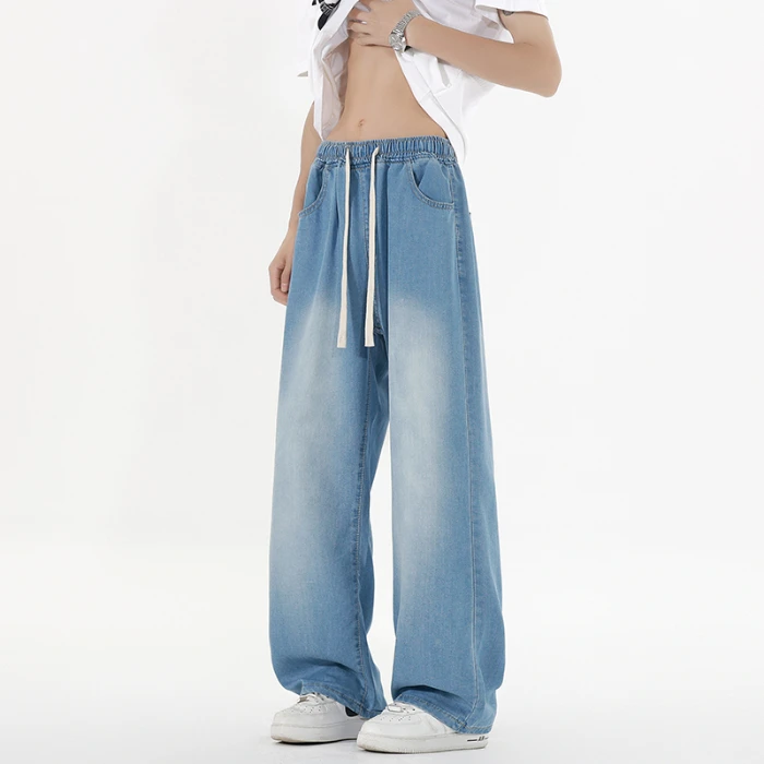 Spring Summer Lyocell Fabric Men's Jeans Thin Korea Style Loose Straight Casual Drawstring Denim Pants Trousers Male City Boy