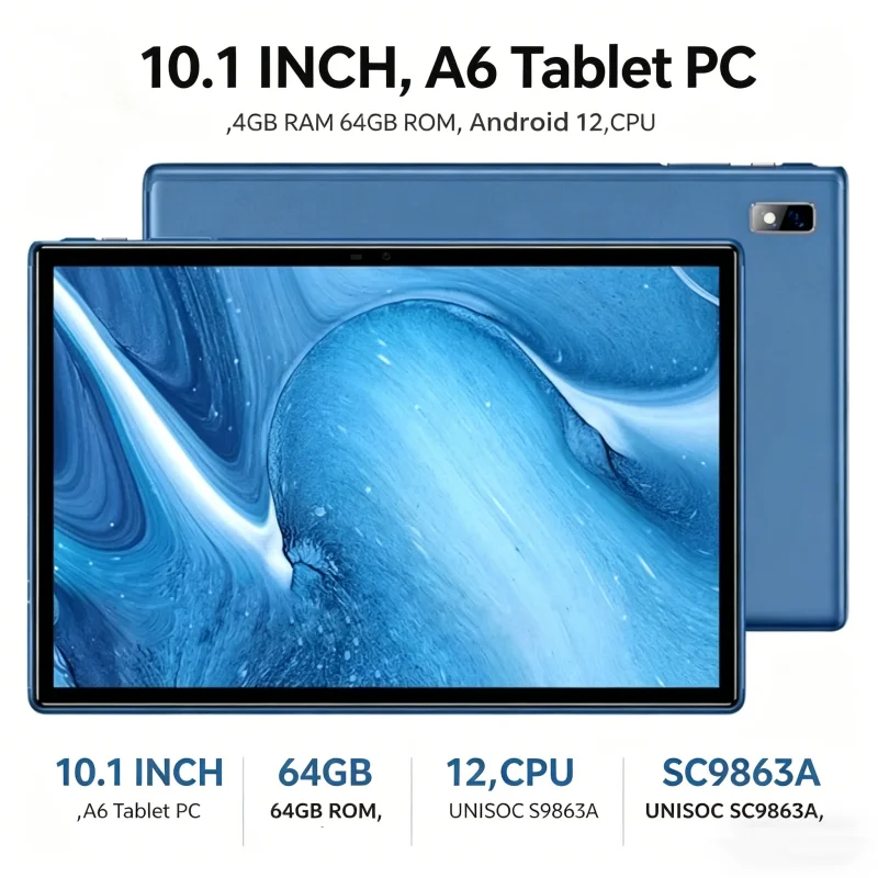 10.1 INCH T10 Android 12 A6 Tablet PC 4GB RAM 64GB ROM CPU UNISOC SC9863A Processor, Octa-Core Cortex-A53 Type-C
