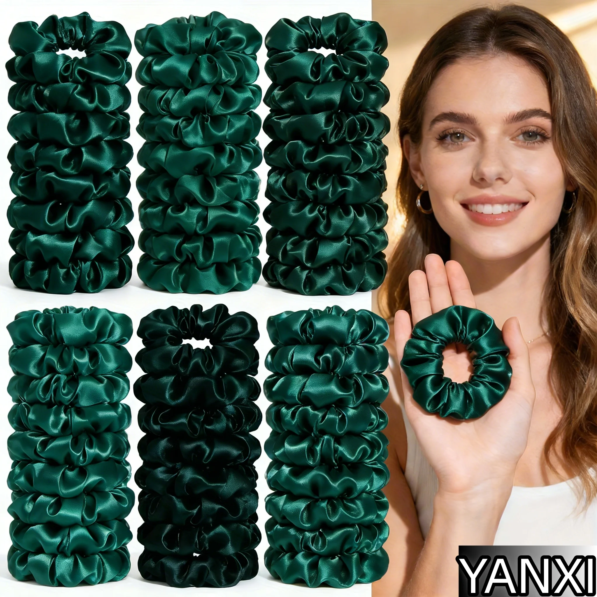 Lot de 1/6/20/60/100 chouchous en satin vert émeraude foncé pour femmes, élégants, 10 cm, accessoires pour cheveux, décontractés et mignons