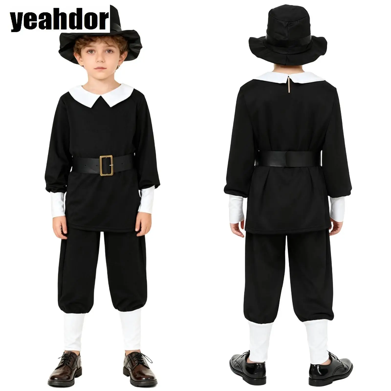 

Boys Medieval Colonial Costume Halloween Cosplay Victorian Outfit Long Sleeve Top with Waistbelt Pants And Hat 18th Century Suit
