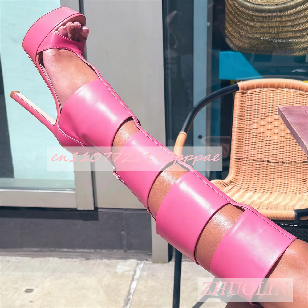 

Women'S Pink Caged Knee-High Boots Summer Open-Toe Stiletto Heel Platform Bootselegant Back Zipper T-Strap Gladiator High Heels