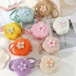 Children's Straw Small Shoulder Bag Woven Cute Flower Baby Girls Purse Handbag Mini Round Hand Made Beach Crossboay Bag