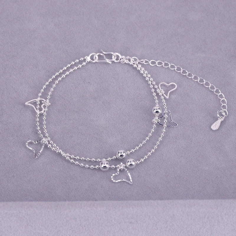 925 Sterling Silber Doppel-Liebesherz Hohle Runde Perlen Armband Damen Mode Romantischer Schmuck Klassisch Verstellbar – Detail 17