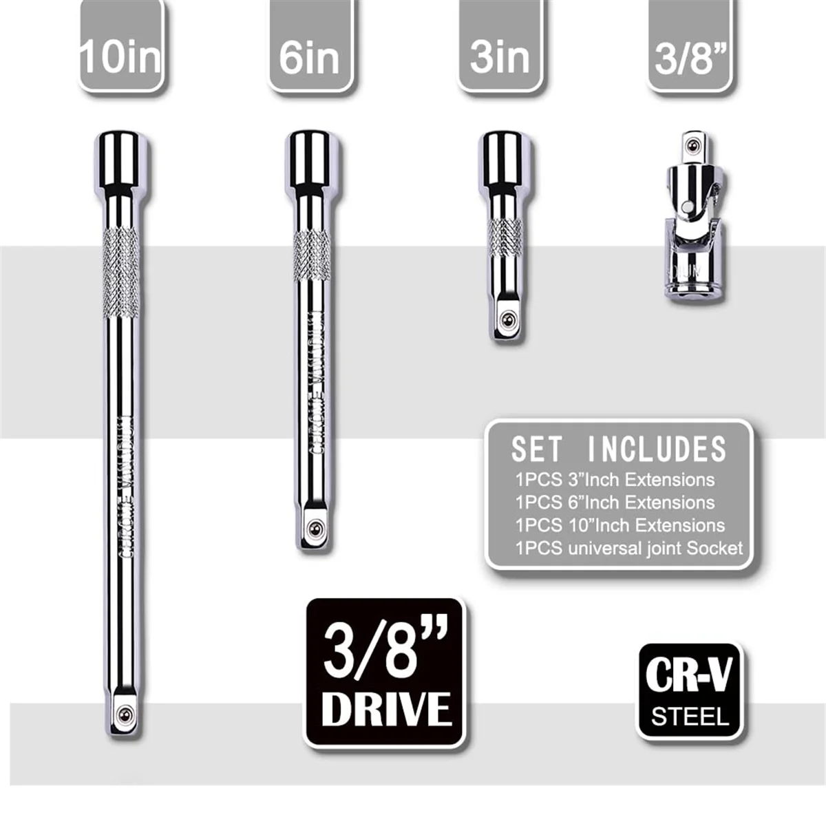 4 Piece 3/8 Inch Drive Extension Bar Set, 3/8 Inch Drive Socket Extension Set Includes 3, 6, and 10 Inch Extensions