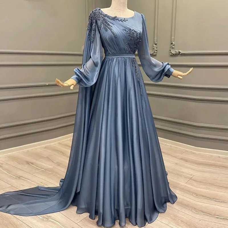 

Elegant Chiffon Long Sleeves Formal Evening Dresses 2022 O-Neck Shoulder Train Appliques Party Dress Pleats Long Robe De Soirée