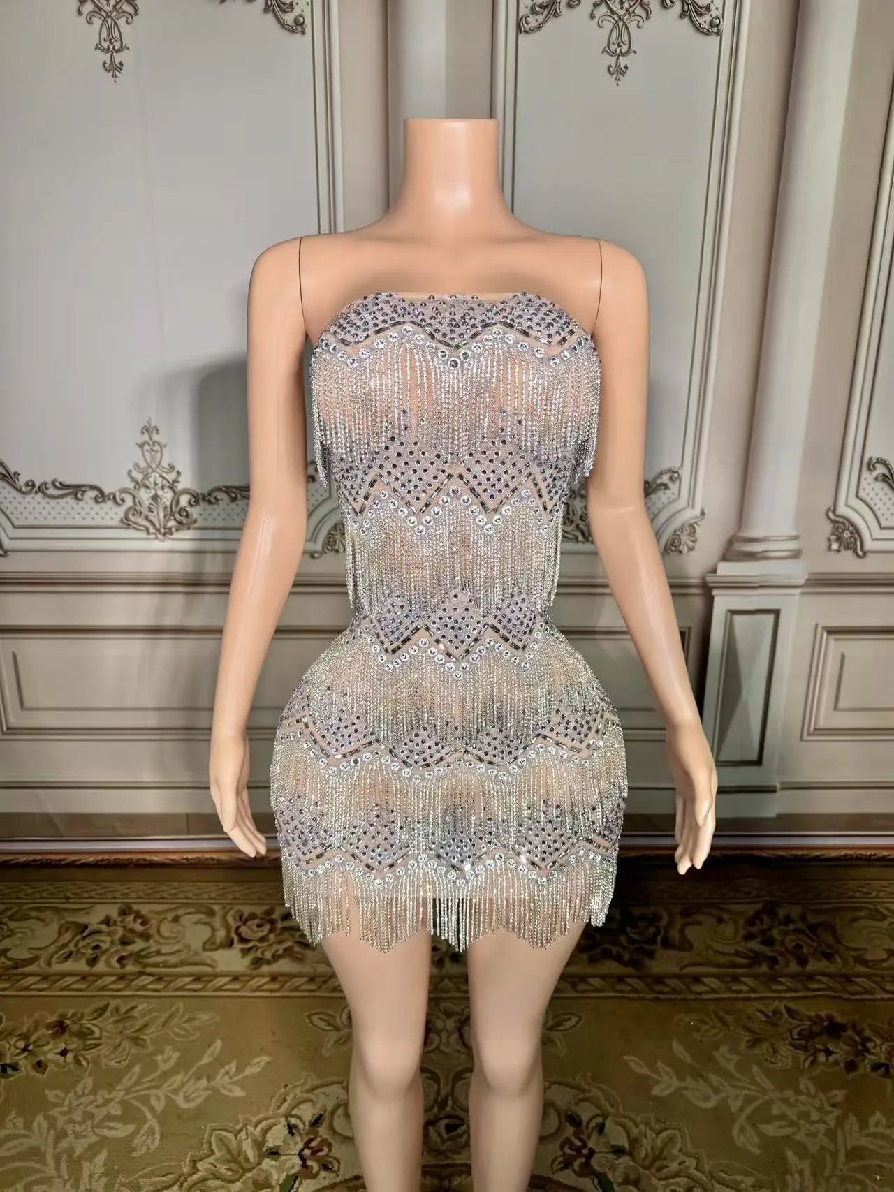 

ZD Transparent Mesh Rhinestone Tassel Dinner Gown Ladies Wedding Party Prom Dress Women Bodycon Banquet Evening Dress