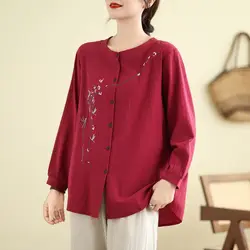 Vintage Chinese Style Autumn Women Cotton Hemp O-Neck Embroidered Single Breasted Temperament Folk Loose Long Sleeve Shirts Tops