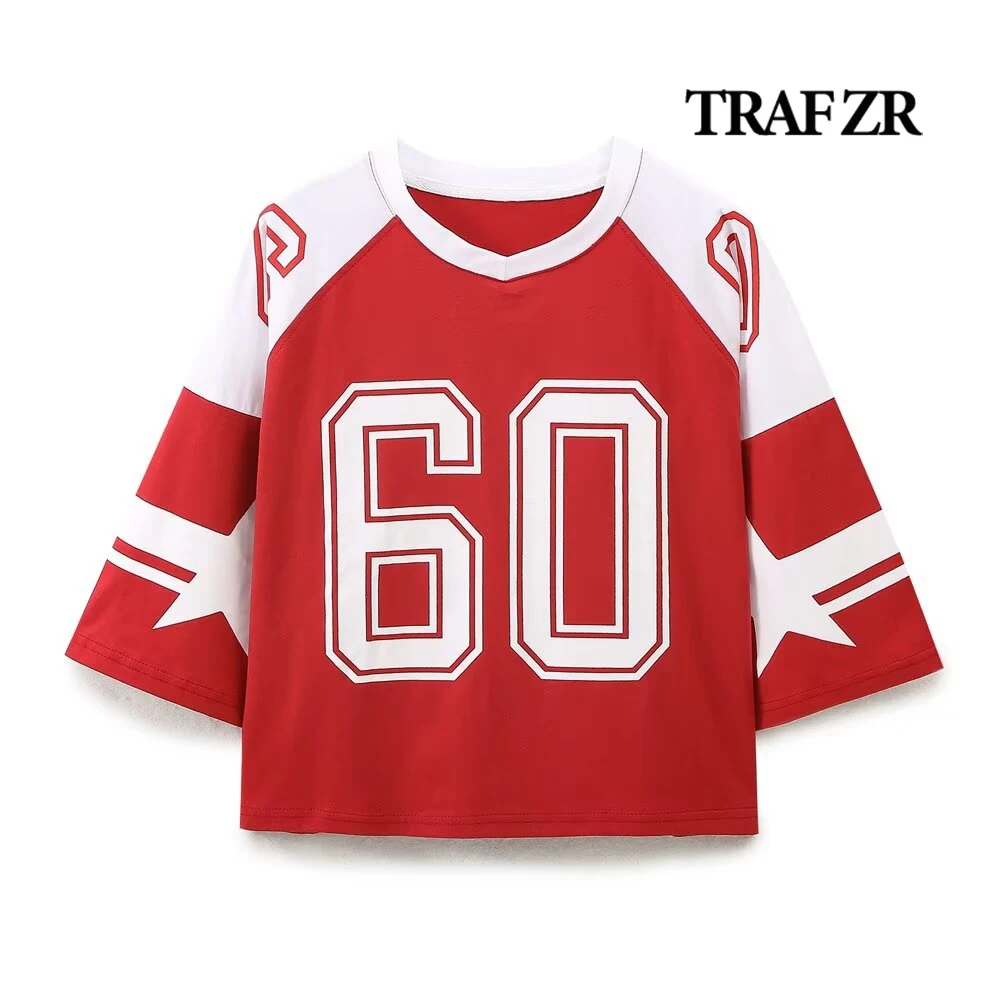 

TRAF ZR Kpop Loose Tees Classic Print Woman T-shirts Short Sleeve Cropped Tops Casual Women's T-shirts Oversized T Shirt Y2k Top