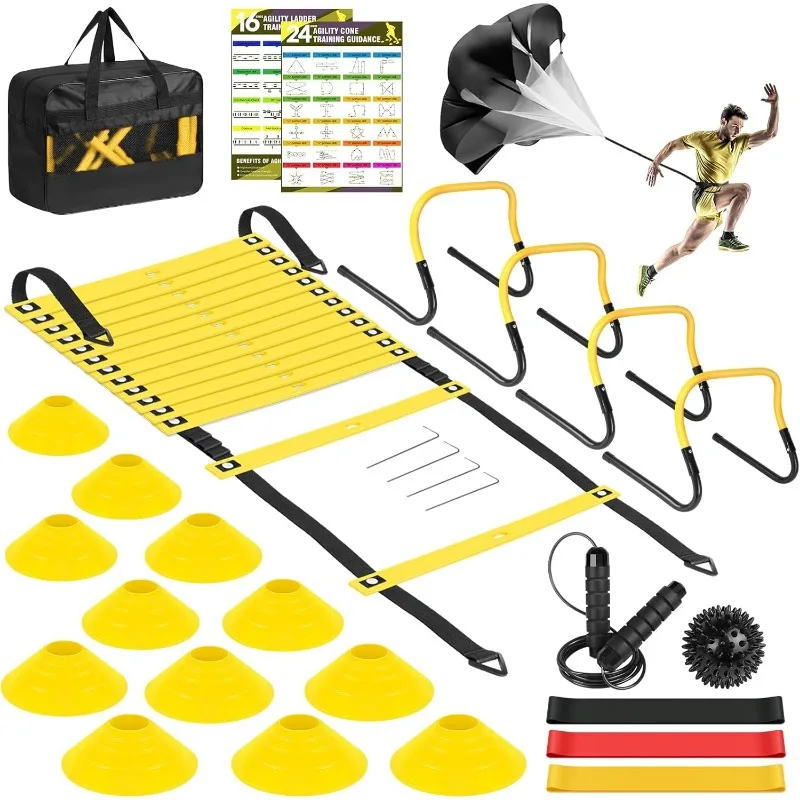 Agility Speed Training Equipment Set - 20ft Speed Ladder, 12 Cones, 4 Adjustable Hurdles