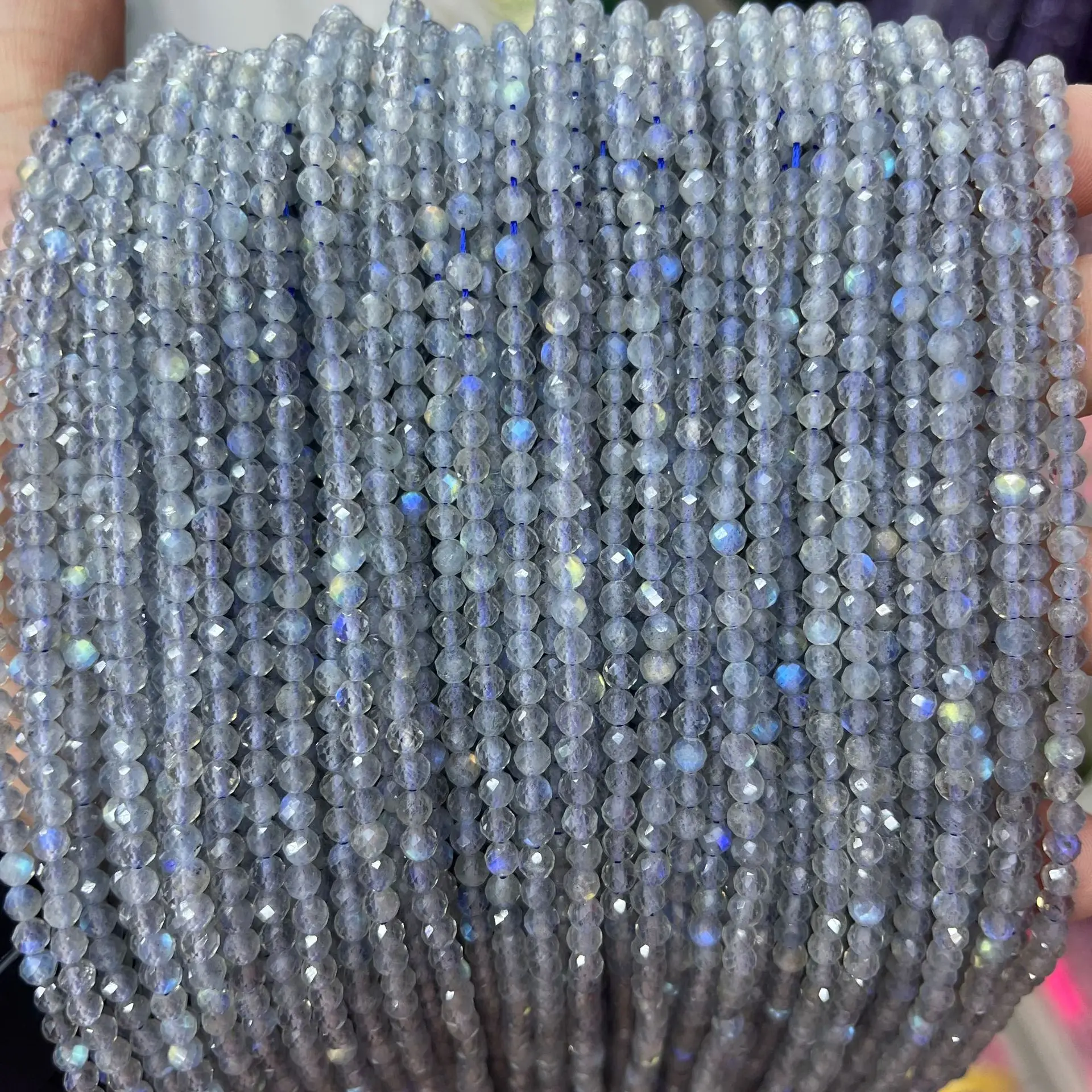 MANKUU 2/3/4mm Natural grey moonstone labradorite cut faceted round beads 90/110/160pcs/Lot DIY necklace bracelet accessories